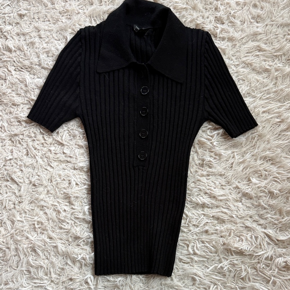 Black Ribbed Knit Polo Shirt